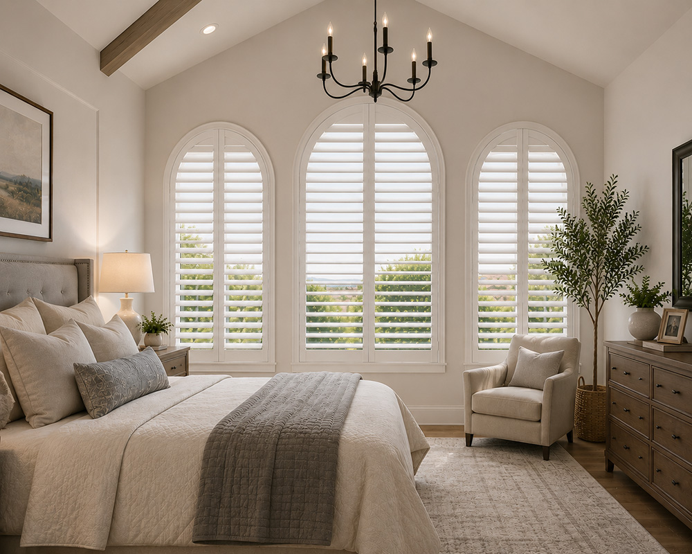arch top windows with plantation shutters