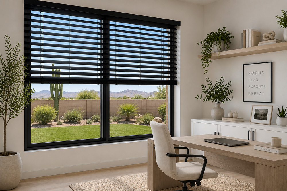black wood blinds in an office