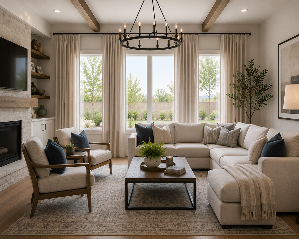 family room with drapery