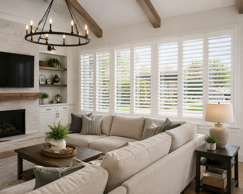 family room with plantation shutters
