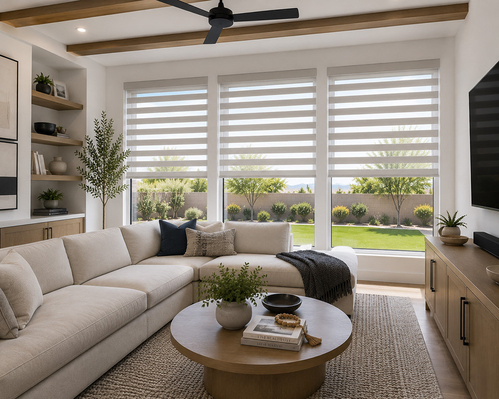 family room with zebra shades