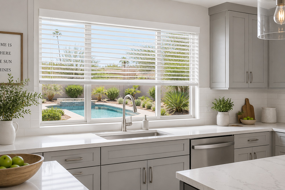 kitchen with faux wood blinds