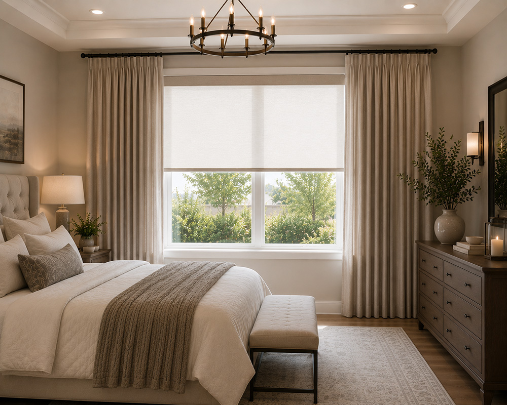 layered drapery with roller shades