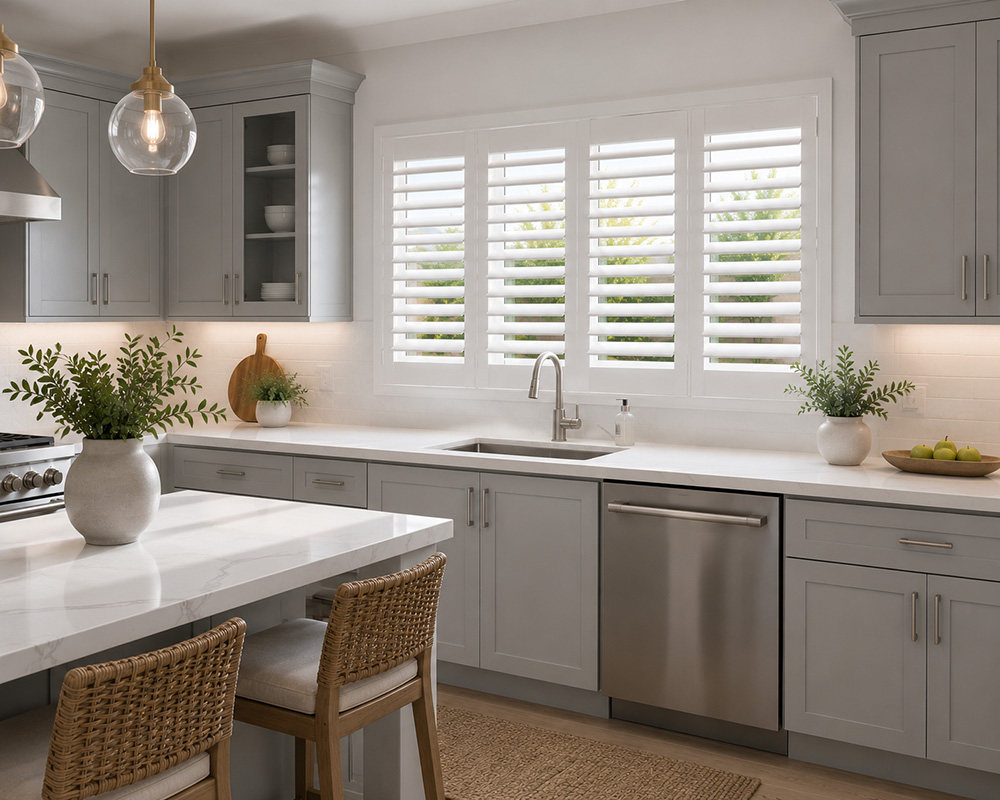 white plantation shutters in kitchen
